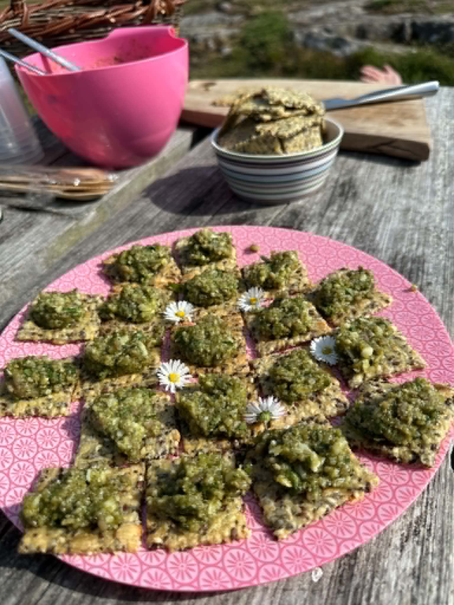 Tallerken med hjemmelavet pesto på crackers